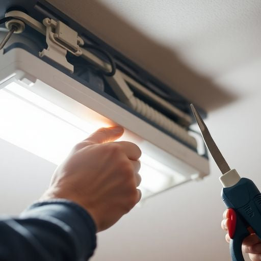 Person replacing fluorescent ballast in a light fixture.