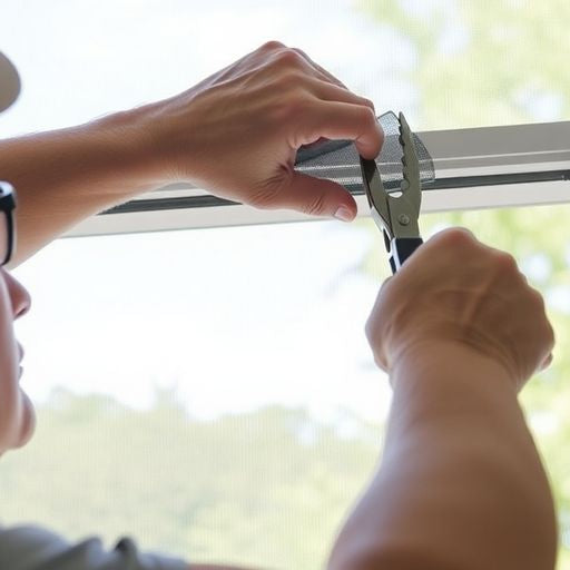 Homeowner rescreening a window with tools in hand.