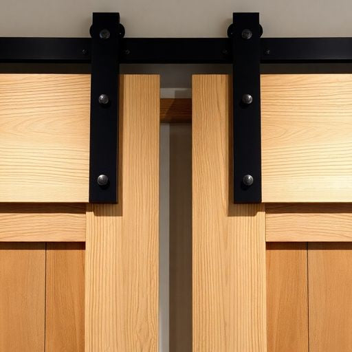 Close-up of seamless barn doors with rustic wood finish.
