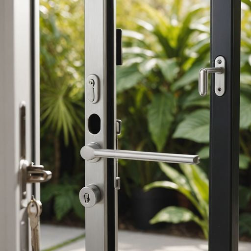 Modern patio door lock with key inserted