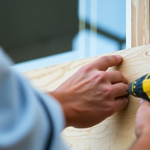 Person installing plywood on a window for hurricane preparedness.