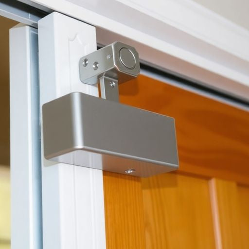 Close-up of a screen door closer installation.