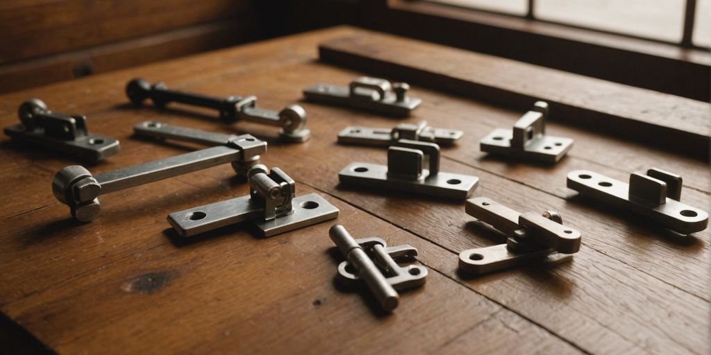 Various window latches on a wooden table