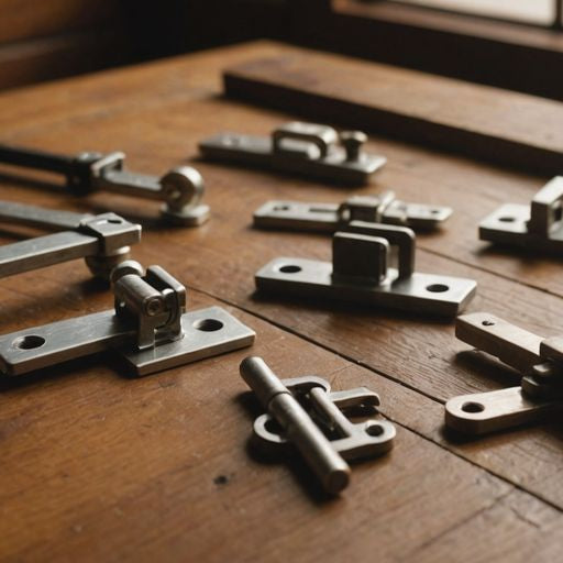 Various window latches on a wooden table