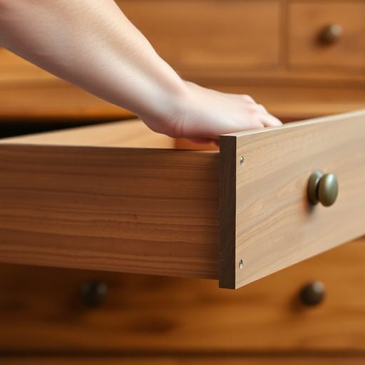 Person removing a drawer from a wooden dresser.