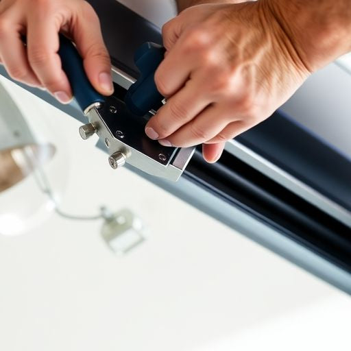 Technician fixing a sliding glass door track.