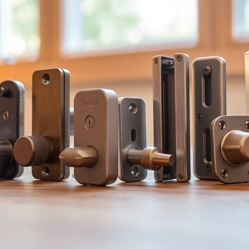 Close-up of different window locks on a wooden surface.
