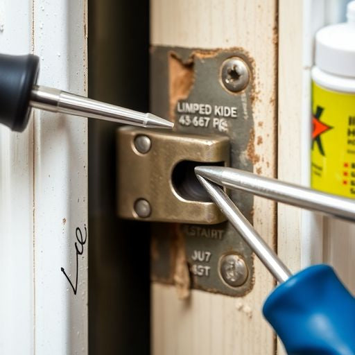 Close-up of mobile home door hinge repair tools.