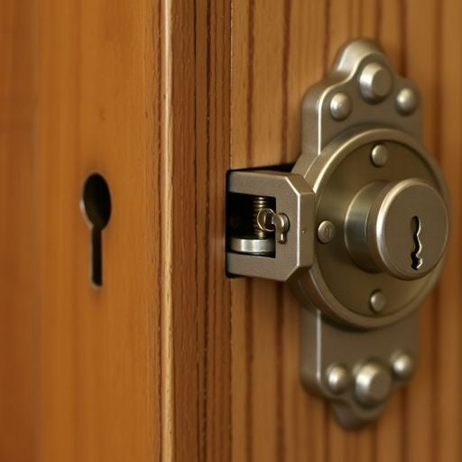Close-up of a mortise lock on a wooden door.