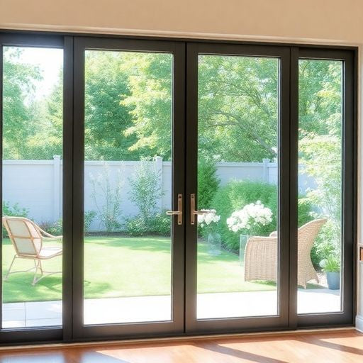 Stylish sliding patio door with outdoor garden view.