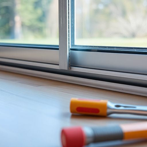 Sliding glass door with tools for leveling adjustment.