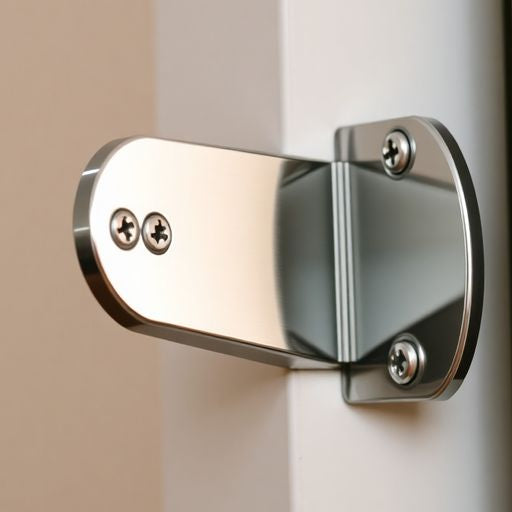 Close-up of an adjustable strike plate on a door.