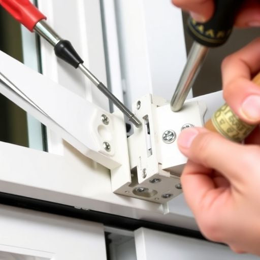 Close-up of a hand fixing a storm door hinge.