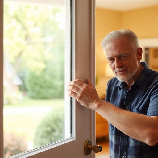 Homeowner unlocking a storm door with a key.