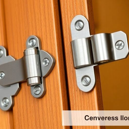 Close-up of Aristokraft cabinet hinges on wood.
