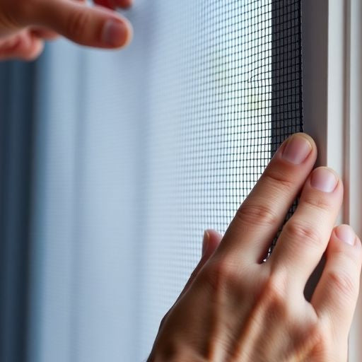 Hands installing a window screen without a frame.