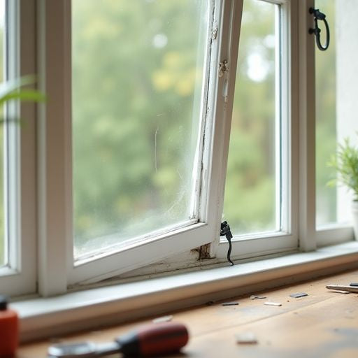 Sagging bay window needing repair in a home interior.