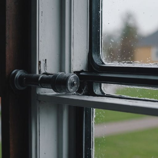 Bulb seal weatherstripping on a window frame close-up.