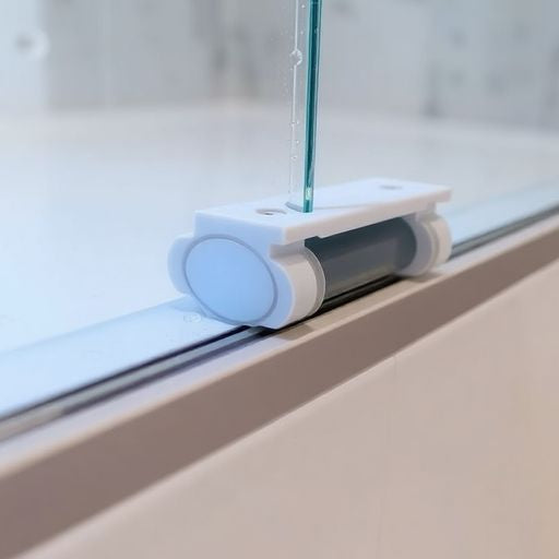 Close-up of sliding shower door bottom guide mechanism.