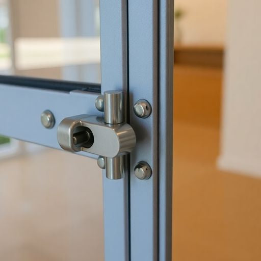 Close-up of a locked sliding door with a sturdy lock.