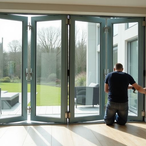 Installer fitting sleek bifold doors in a modern home.