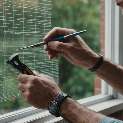 Homeowner repairing window screen with essential tools.