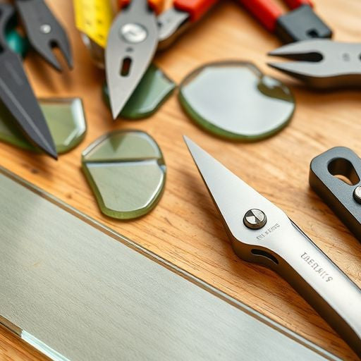 Variety of glass cutters on a workbench with glass pieces.