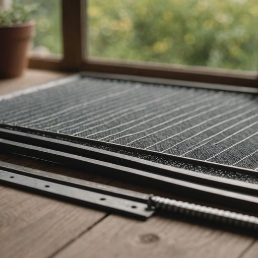 Assorted window screen replacement parts on a wooden surface