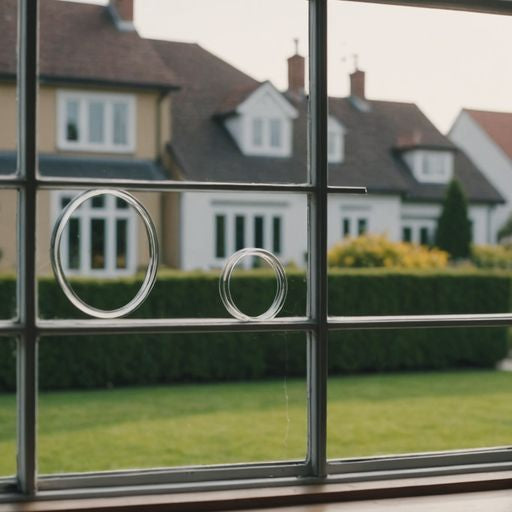 Different window seals with a house in the background.