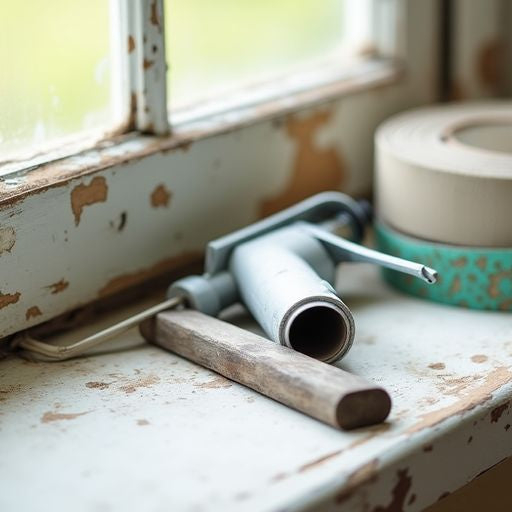 Image of sealing an old wooden window with weatherstrip.
