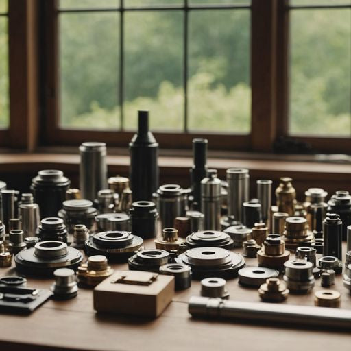 Assorted Andersen window parts displayed on a wooden surface.