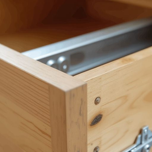 Metal drawer slides being removed from a wooden drawer.