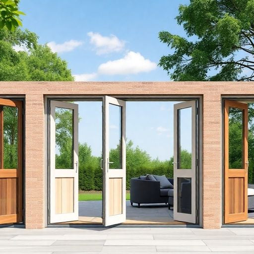 Different styles and sizes of bifold doors displayed outdoors.