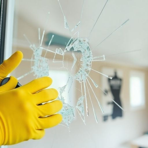 Person replacing glass in mobile home window.