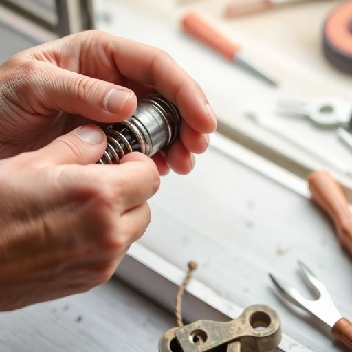 Hands repairing window springs with tools nearby.