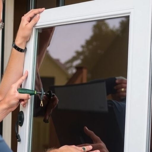 Homeowner installing Larson storm door glass panel.