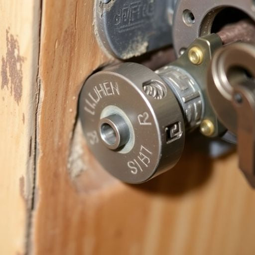 Close-up of a jammed door lock with a key.