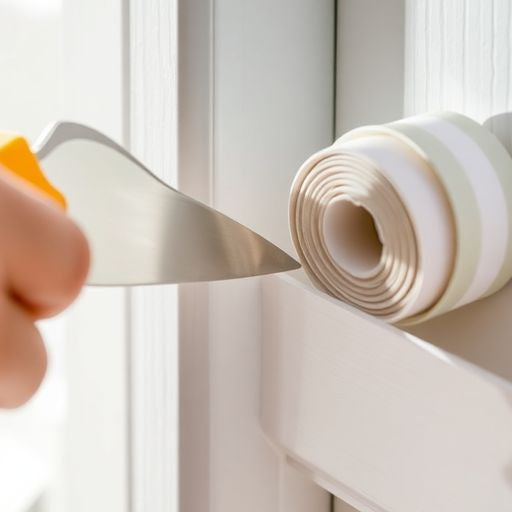 Person applying weatherstripping to a front door.