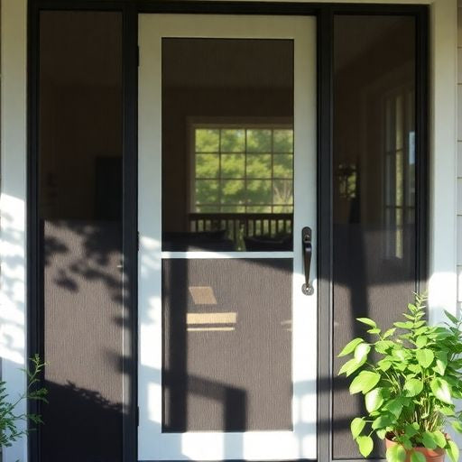 Close-up of a modern screen door on a porch.