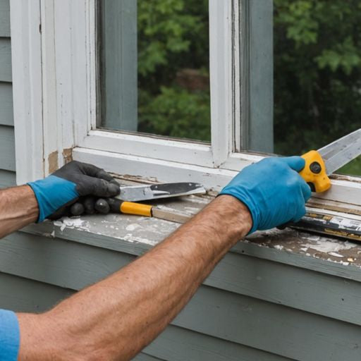 Removing old window sealant with a putty knife.