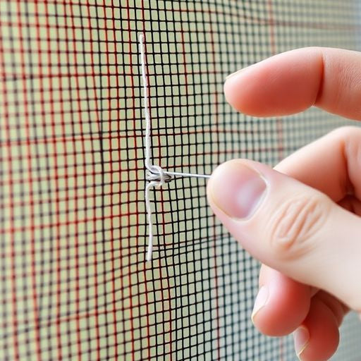 Hand repairing a window screen with needle and thread.