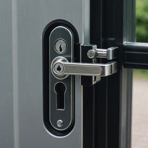 Close-up of a patio door lock with key