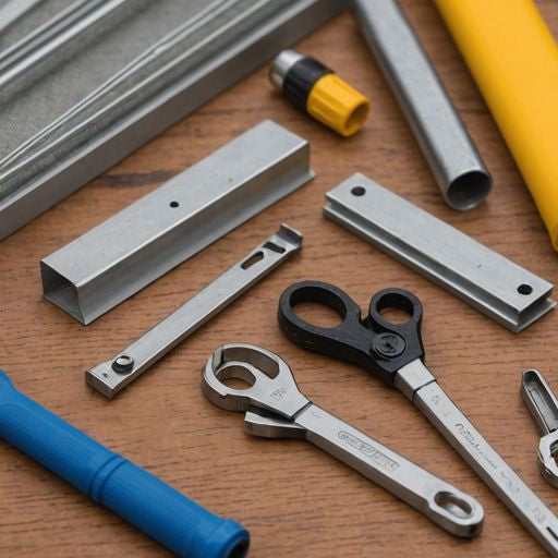 Window screen replacement parts on a wooden surface.