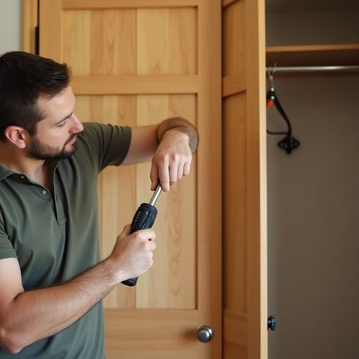 Homeowner fixing bifold closet doors with tools.