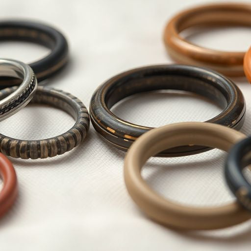 Variety of groove rings on a soft fabric background.