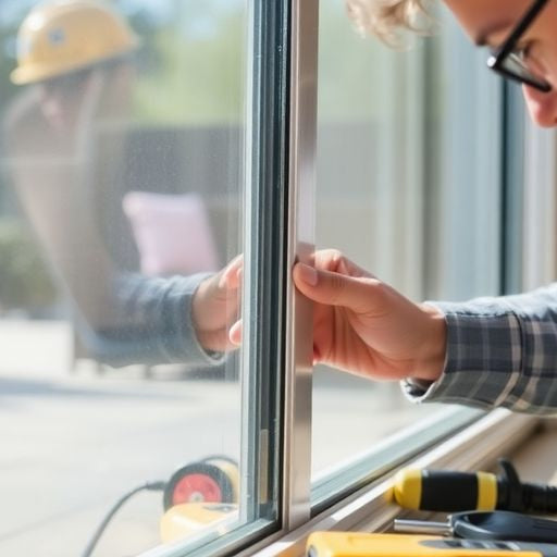 A person repairing a sliding glass door with tools.
