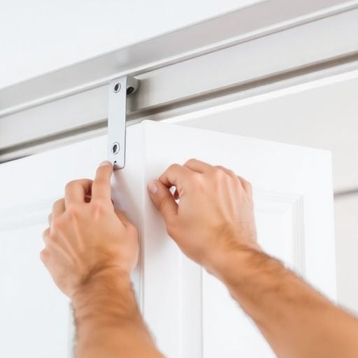 Person fixing a bifold closet door on track.