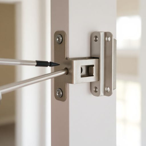 Close-up of a storm door hinge repair process.