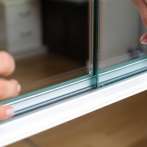 Hands fixing a sliding glass door onto its track.