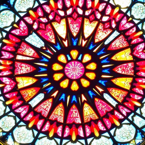 Close-up of a colorful rose window's geometric patterns.